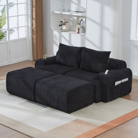 Divano angolare componibile in velluto a coste, 2 poggiapiedi, portabicchieri e tasca laterale, combinazione libera - 2 posti, 200×174×80 cm, nero