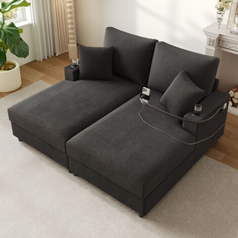 Divano reclinabile a 2 posti con porte USB/USB-C, portabicchieri, 163x140x82 cm, velluto a coste grigio