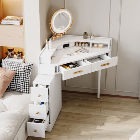 Toletta angolare bianca con specchio LED regolabile e dimmerabile, 5 cassetti, USB/USB-C, pannello di particelle, 105,5x75x120 cm, bianco (1/5)