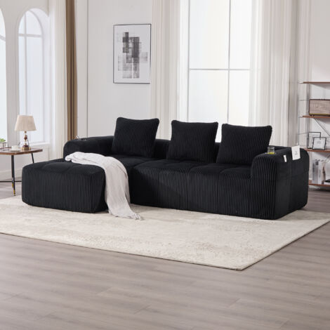 Divano angolare modulare compatto a 3 posti con 3 cuscini, tasche laterali e portabicchieri, 253x158x61 cm, velluto a coste nero