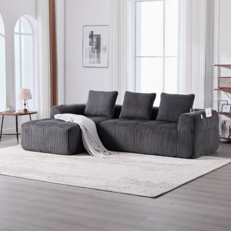 Divano angolare modulare compatto a 3 posti con 3 cuscini, tasche laterali e portabicchieri, 253x158x61 cm, velluto a coste grigio
