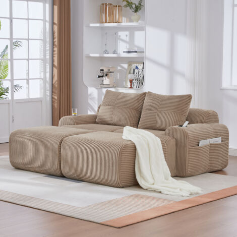 Divano angolare componibile in velluto a coste, 2 poggiapiedi, portabicchieri e tasca laterale, combinazione libera - 2 posti, 200×174×80 cm, kaki