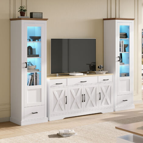 Set di mobili per soggiorno - vetrina e credenza contenitore/mobile TV 160x37x75 cm + 2 vetrine 50x35x178 cm, LED USB, pannelli in MDF/truciolare, bianco opaco (1/5)