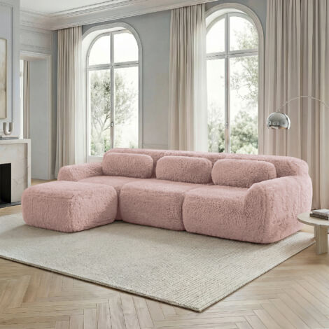 Divano angolare in tessuto felpato con schiuma 32D, non necessita di montaggio, base antiscivolo, cuscini inclusi, mobile soggiorno/camera da letto - 3 posti, rosa