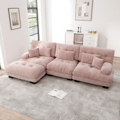 Divano 3 posti, divano angolare con poggiapiedi e cuscino, effetto seduta profonda, angolo configurabile per soggiorno/appartamento, ciniglia rosa