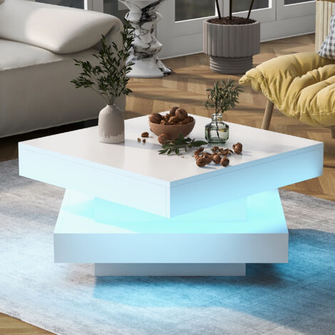 Tavolino quadrato con piano girevole a 360°, striscia LED, finitura laccata bianca, pannello di particelle, 70x70x36 cm