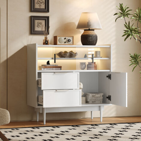 Mobiletto da bagno da 80 cm per bagno e ingresso: ante scorrevoli in vetro, 2 cassetti, 1 anta, illuminazione LED a 16 colori, MDF bianco