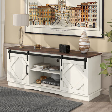 Mobile porta TV soggiorno/camera da letto 150x40x60 cm, credenza cucina con ante scorrevoli, ripiani regolabili, truciolare, legno bianco e marrone (1/5)