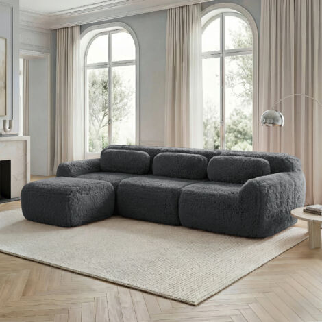 Divano angolare in tessuto felpato e schiuma 32D, non necessita di montaggio, base antiscivolo, cuscini inclusi, mobile soggiorno/camera da letto - 3 posti, grigio