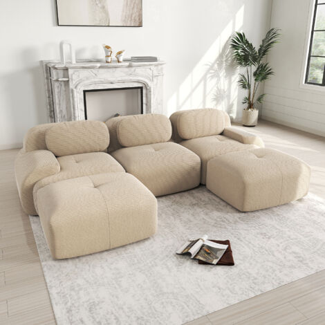 Divano angolare in velluto a coste, divano modulare con 2 poggiapiedi, schiuma ad alta resilienza 32D, braccioli larghi, non necessita di montaggio - Beige, 3 posti