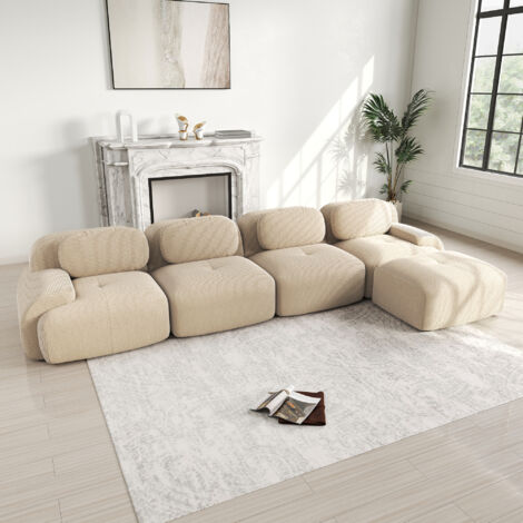 Divano angolare in velluto a coste, divano modulare con 1 poggiapiedi, schiuma ad alta resilienza 32D, braccioli larghi, non necessita di montaggio - Beige, 4 posti