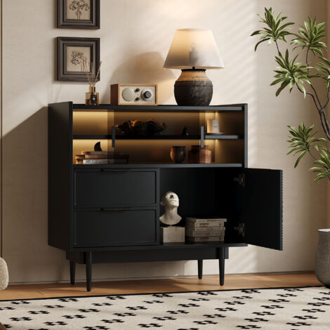 Mobile contenitore da 80 cm per bagno e ingresso: ante scorrevoli in vetro, 2 cassetti, 1 anta, illuminazione LED a 16 colori, MDF nero