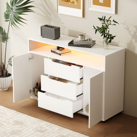 Credenza bianca da cucina con illuminazione a LED, mobile contenitore per soggiorno/ufficio, 3 cassetti + ripiano aperto, legno composito, bianco opaco, 120x40x85 cm (1/5)