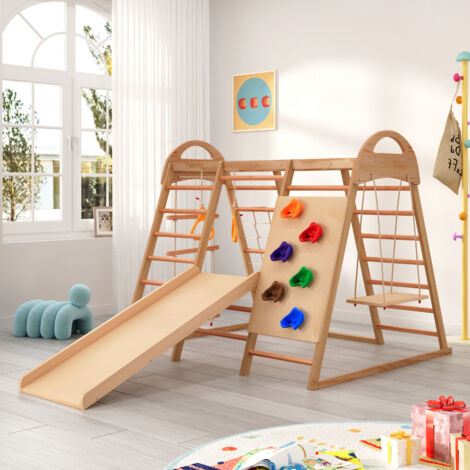 Area giochi per bambini in legno 7 in 1 - 134 × 120 × 120 cm, con altalena e scivolo, colore naturale