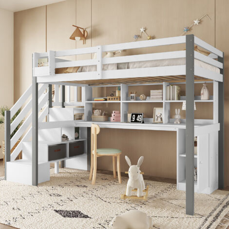 Letto A Soppalco Per Bambini 90x200cm Con LED, Scala Con Vani, Mobiletto E Spazio Contenitore – Bianco, Senza Materasso