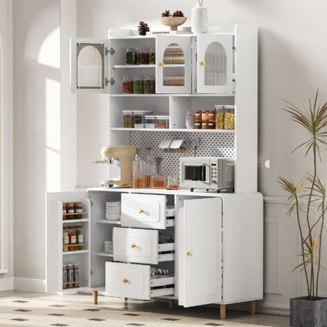 Credenza alta da cucina, altezza 190 cm, mobile contenitore con 3 cassetti e 3 ante in vetro, ripiani regolabili, MDF bianco