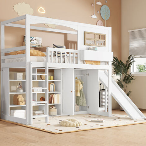 Letto a soppalco bambini 90x200cm, con 1 armadio e diversi vani portaoggetti, scivoli, MDF, bianco, materasso non inclus