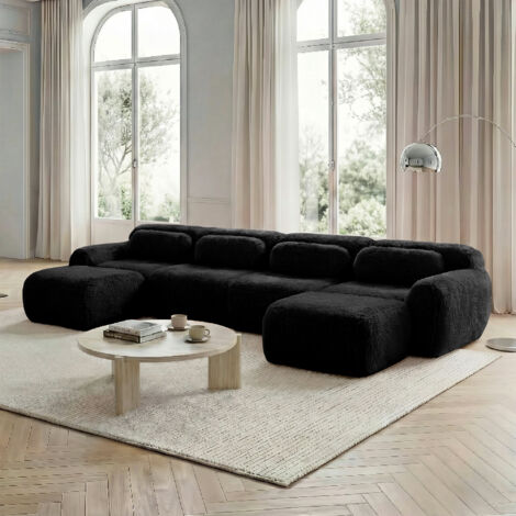 Divano angolare in tessuto felpato e schiuma 32D, non necessita di montaggio, base antiscivolo, cuscini inclusi, mobile soggiorno/camera da letto - 4 posti, 2 poggiapiedi, nero
