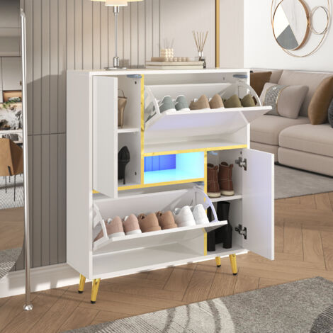 Scarpiera LED 16 colori, 80x25x96 cm, mobile ingresso, 2 ante a ribalta, dettagli oro, bianco lucido/opaco (1/5)