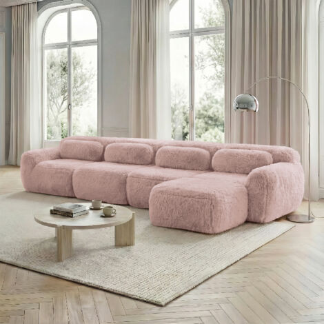 Divano angolare in tessuto felpato con schiuma 32D, non necessita di montaggio, base antiscivolo, cuscini inclusi, mobile soggiorno/camera da letto - 4 posti, rosa