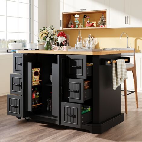 Isola cucina su ruote con tavolo bar pieghevole, 2 ante e 6 cassetti, 120x45/75x91 cm, MDF e metallo, nero