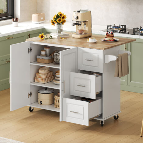 Carrello da cucina con isola girevole, piano ribaltabile, ripiani regolabili, 3 cassetti e 2 ante e portasciugamani, 137x43/76x92 cm, MDF bianco