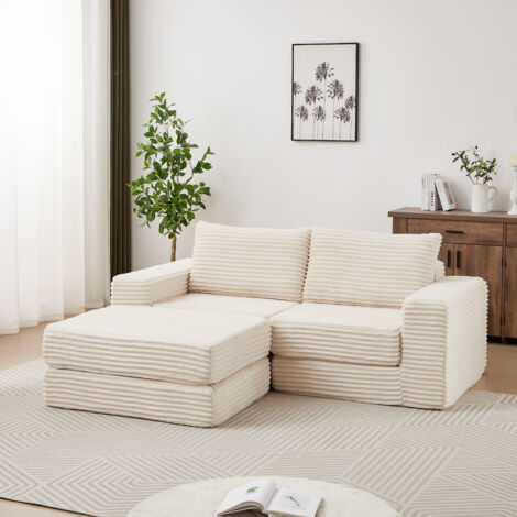 Divano letto modulare convertibile 2 in 1, divano angolare con pouf removibile e 2 cuscini, velluto a coste beige - Bracciolo quadrato