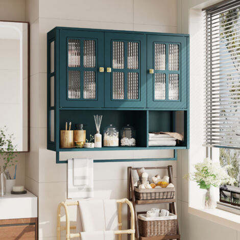 Mobiletto da bagno a parete 88x26x82,5 cm, 3 ante in vetro temperato, MDF verde scuro