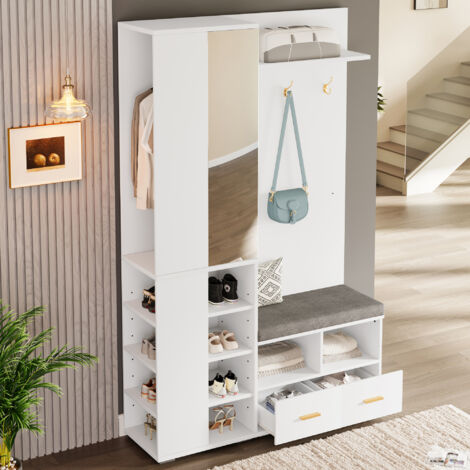Appendiabiti da ingresso con specchio, panca porta scarpe, asta appendiabiti, 3 ganci, 2 cassetti, bianco, 120x35x190 cm