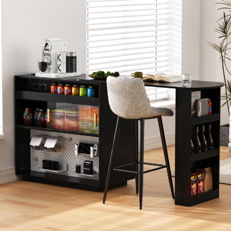 Tavolo bar allungabile a 360°, isola cucina con LED e porta USB/Type-C, 120x50x95,5 cm, MDF nero