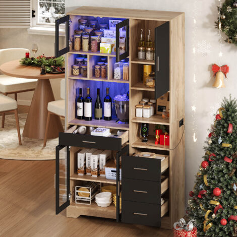 Credenza da cucina alta con illuminazione a LED, prese e porte USB, 4 cassetti, 100×40×185 cm, MDF nero e naturale