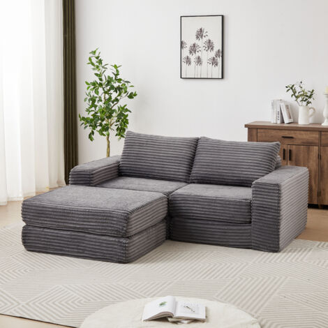 Divano letto modulare convertibile 2 in 1, divano angolare con pouf removibile e 2 cuscini, velluto a coste grigio - Bracciolo quadrato