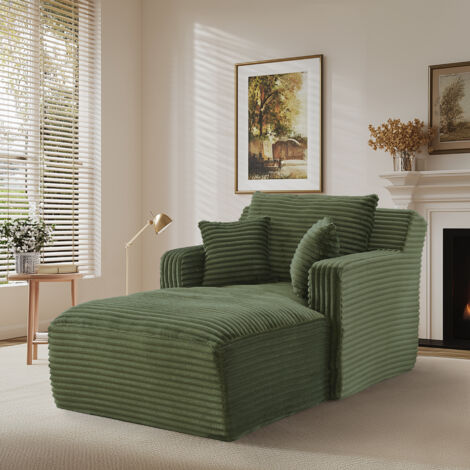 Divano trasformabile in velluto a coste color crema con chaise longue, poltrona reclinabile e divano letto, da assemblare - verde