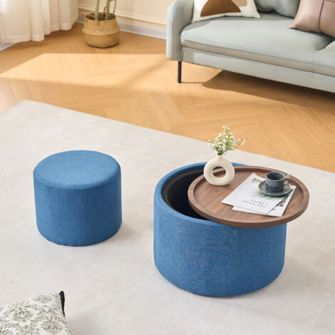 Tavolino impilabile con vano contenitore, 58x58x38 cm, tavolino laterale per divano, piano in legno, lino blu