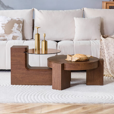 Set di 2 tavolini rotondi impilabili, 61/44 cm, soggiorno, MDF marrone e vetro, noce