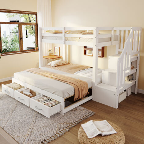 Letto a castello per bambini 90x200 cm con letto estraibile 90/180x190 cm, scaletta contenitore, 3 cassetti, legno bianco