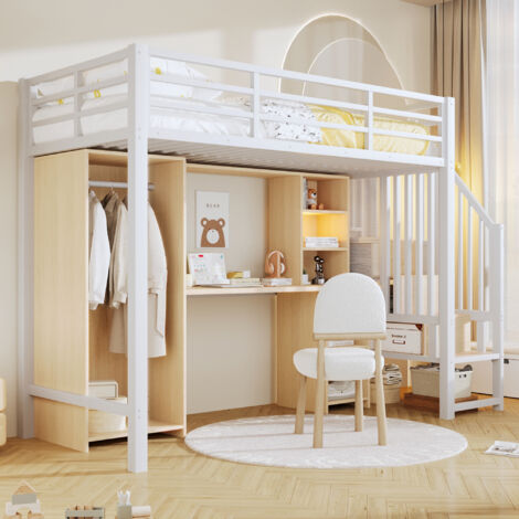 Letto a soppalco per bambini 90x200 cm con scrivania, armadio e scaletta contenitore, in metallo bianco