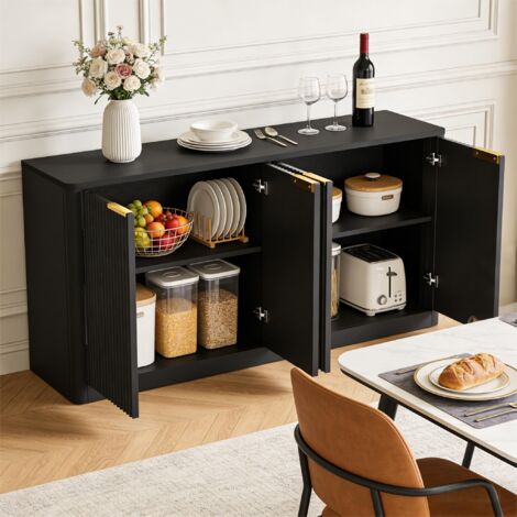 Credenza da cucina da 150 cm con 4 ante, vano contenitore ondulato, in MDF nero e finitura legno