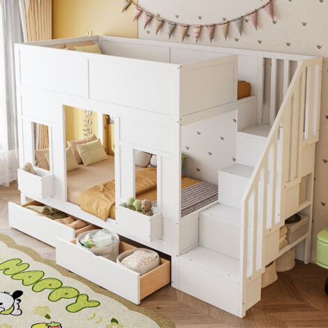 Letto a castello per bambini in legno 90x200 cm con scaletta contenitore, 2 cassetti, finestre, 2 reti a doghe, legno bianco
