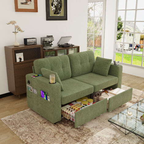 Divano a 2 posti con contenitore, 2 cassetti, porta USB, portabicchieri e tasche laterali, vano portaoggetti nascosto, ideale per soggiorno o appartamento - Bruco Verde