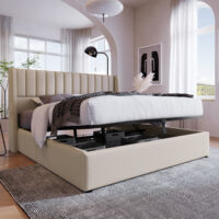 Letto contenitore imbottito con rete a doghe, lino - 180x200 cm, beige, senza materasso