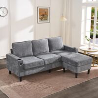 Divano a 3 posti dritto per soggiorno 202×137×80 cm, USB+Tipo C, 1 sgabello, 2 portabicchieri, lino, grigio