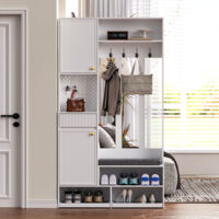 Appendiabiti con sgabello, scarpiera aperta, armadio per ingresso camera da letto, MDF, 4 ganci, 1 cassetto e 2 ante, bianco
