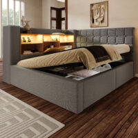 Letto contenitore LED 140x190 cm, letto matrimoniale per adulti, idraulico, testiera a L reversibile con contenitore, lenzuola, porte USB, materasso non incluso, grigio