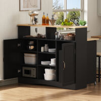 Isola cucina su ruote 110×34/68×97,5 cm, carrello da cucina con piano ribaltabile, ripiani aperti, 2 sgabelli, MDF nero