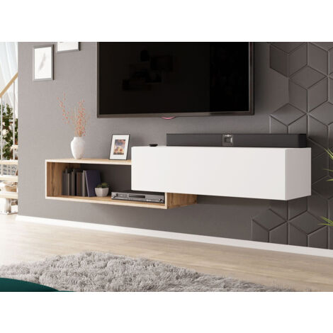 Mobile porta TV Utica 117, Bianco + Quercia di Wotan, Il numero di porte: 0, Numero di cassetti: 0, 210x48x35cm