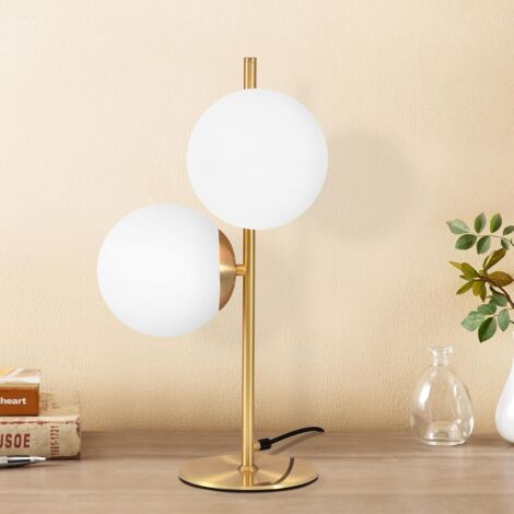GBLY Tischlampe Wohnzimmer Modern Nachttischlampe - Industrial Tischleuchte Gold 2 Flammig mit Schalter Metall Design aus Weiß Glas Nachttischleuchte Messing E27 für Schlafzimmer Kinderzimmer Büro (1/5)
