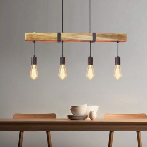 GBLY Vintage Pendelleuchte Holz Esstischlampe Retro Hängeleuchte mit 80CM Holzbalken 4 x E27 max. 25 Watt Hängelampe Industrial Pendellampe für Esszimmer Küche Wohnzimmer Bar Restaurant