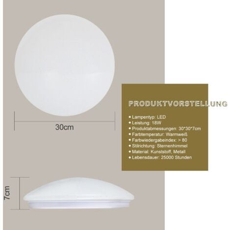 GBLY Deckenlampe LED Deckenleuchte Schlafzimmer - Ø30cm Schlafzimmerlampe Sternenhimmel Badlampe Warmweiß Rund Deckenbeleuchtung 18W Flurlampe IP44 für Kinderzimmer Küche Flur Badezimmer Wohnzimmer