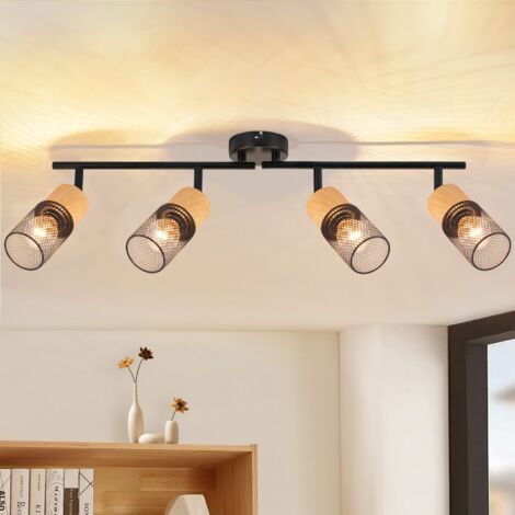 Plafoniera 4 Luci In Legno E Tessuto – Lampada Da Soffitto Vintage E14 Orientabile 350° Per Soggiorno
